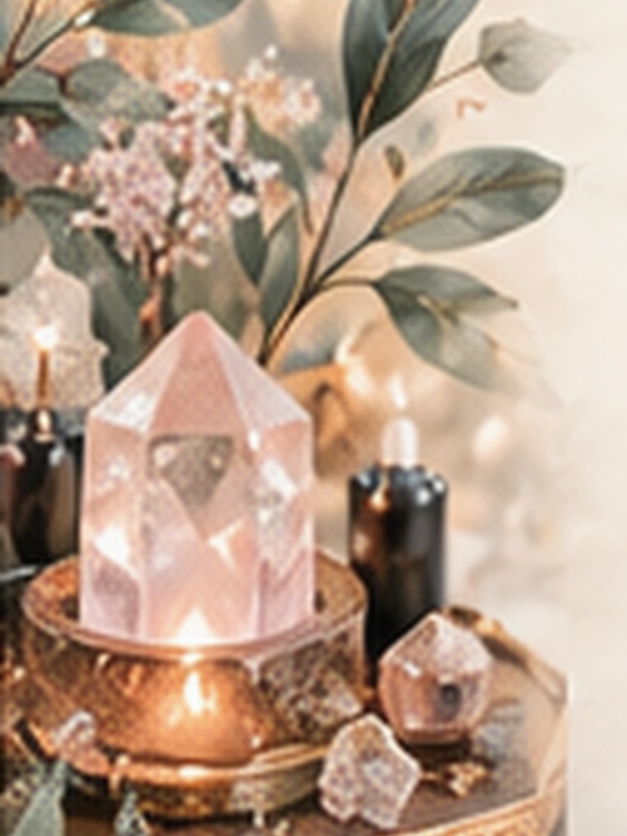 Crystals and candlelight in a spiritual setting